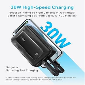 Buy Anker Zolo 20000mAh 30W power bank with built-in USB-C & Lightning cables. Fast charging, high capacity and perfect for iPhone & Android. Order now.